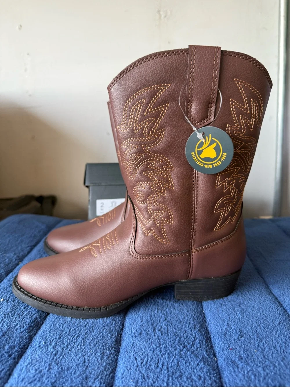 Deer Stags Brown Kids Western Cowboy Boot Gold Stitching Unisex Light New